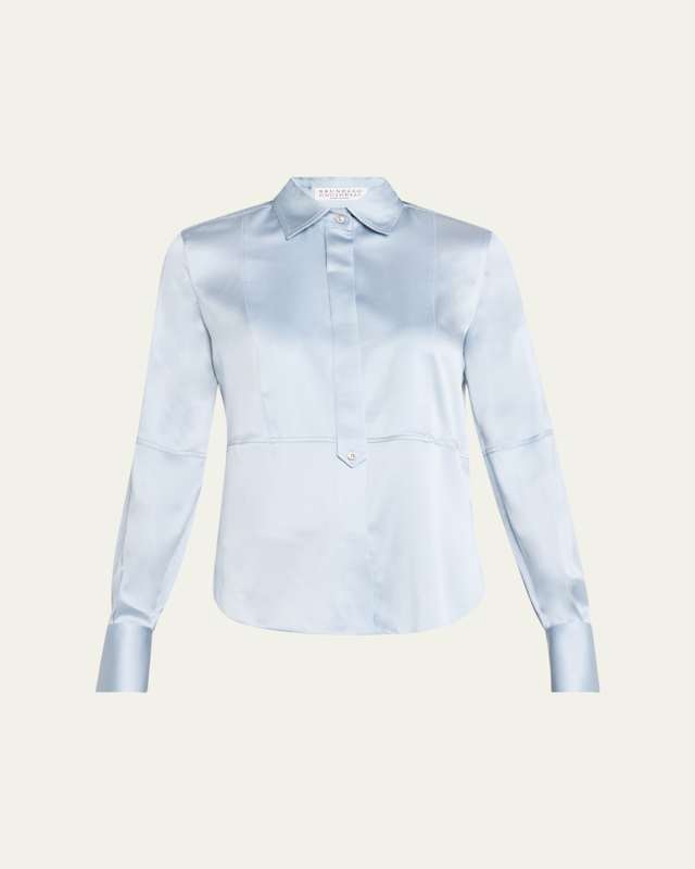 Bib-Front Long-Sleeve Stretch Satin Shirt